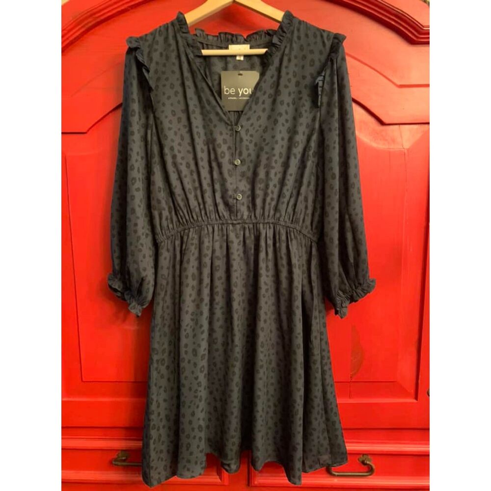 NWT Hem & Thread L Subtle Navy and Black Leopard Cheetah Print Dress Ruffle EUC